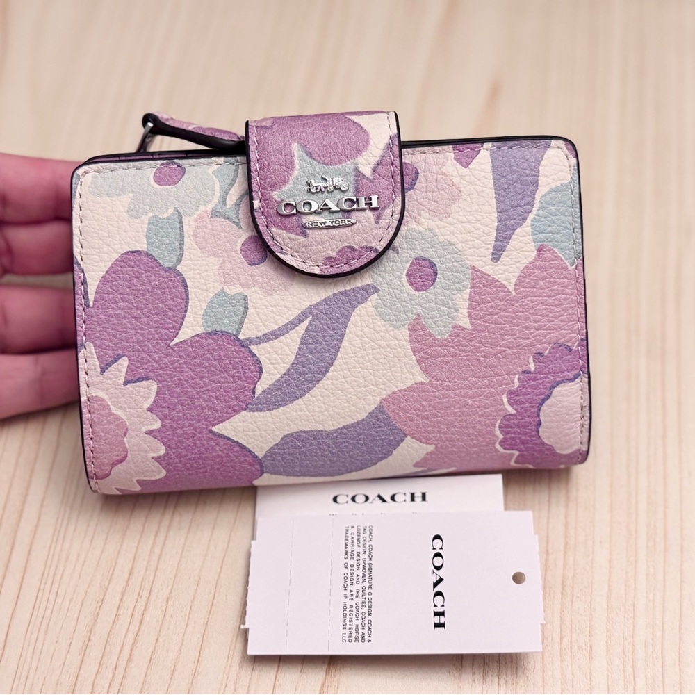 COACH Medium Corner Zip Wallet With Floral Print Ivory/Purple/Pink Multi CBO31
